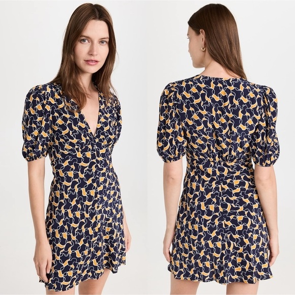 STAUD 90s Navy Abstract Print Puff Short‎ Sleeve V-Neck Empire Waist Dress 10 - Picture 4 of 7